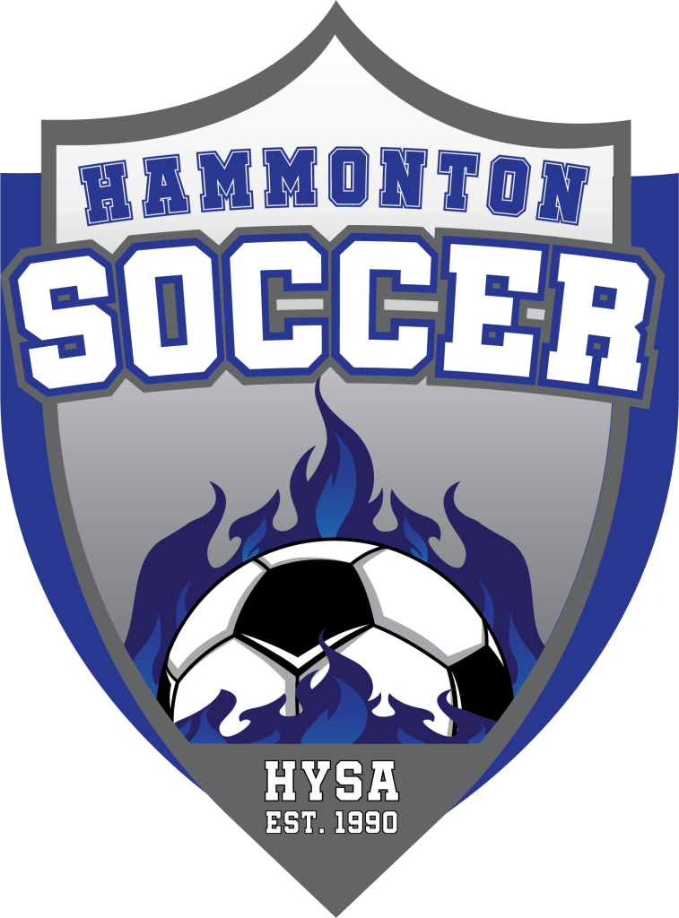 Hammonton Soccer Logo, Gray Shield with Blue Soccer ball on fire.