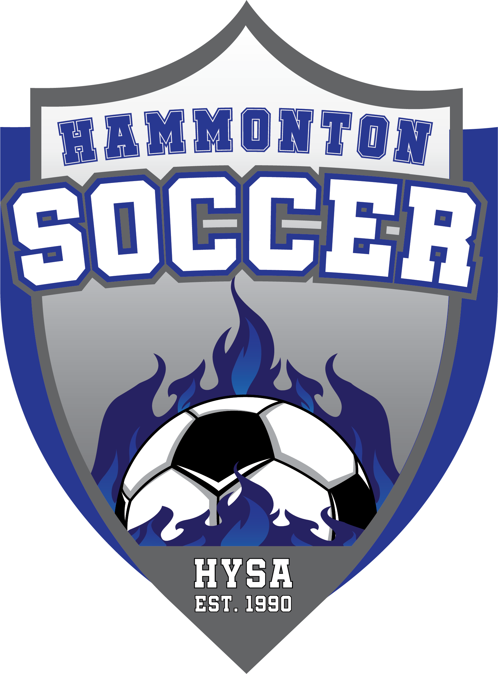 Hammonton Soccer Logo, Gray Shield with Blue Soccer ball on fire.